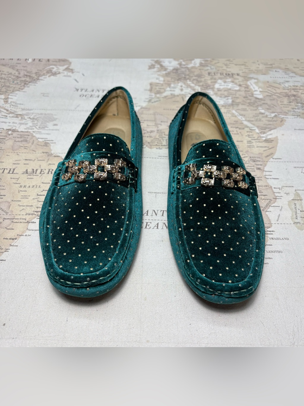 Royal Shoes Driving Style Dress Loafers Green W/ Gold Tone Studs & Nuggets Sz 10